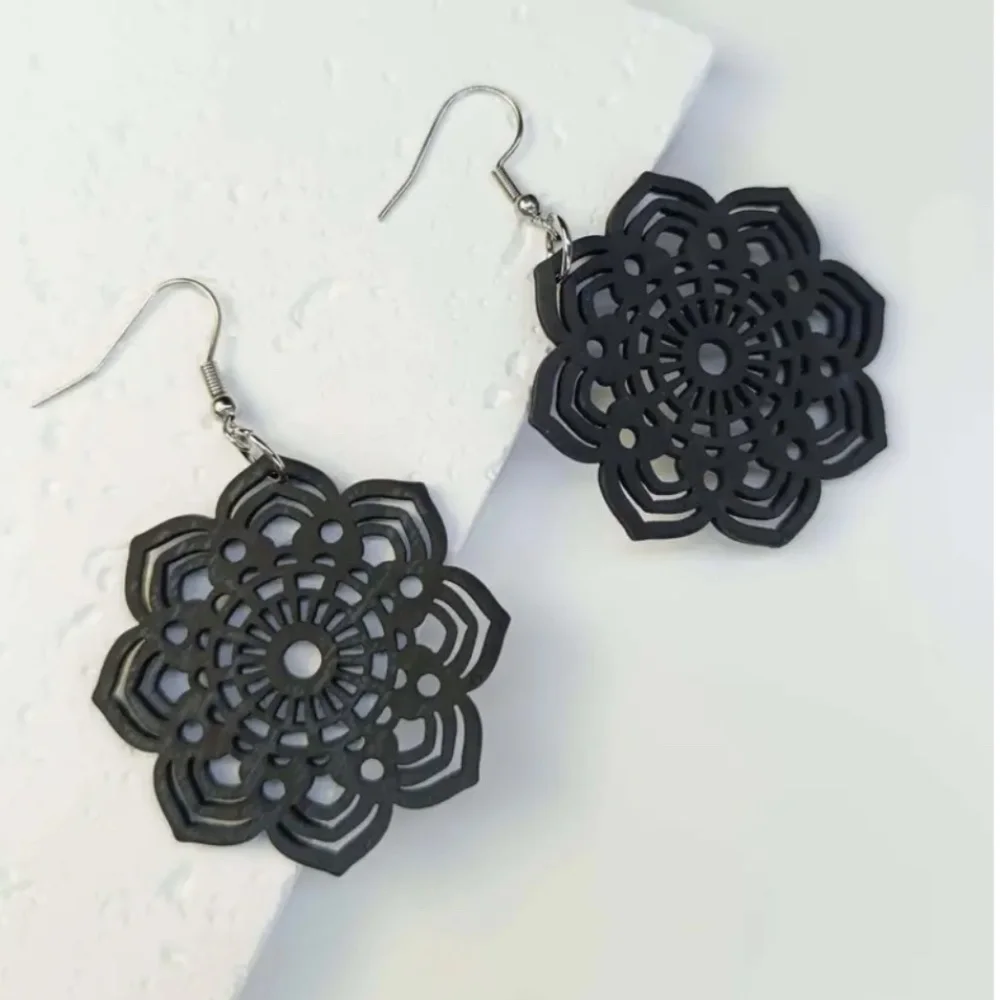 Black Flower Boho Wood Earrings - Picture 3 of 4